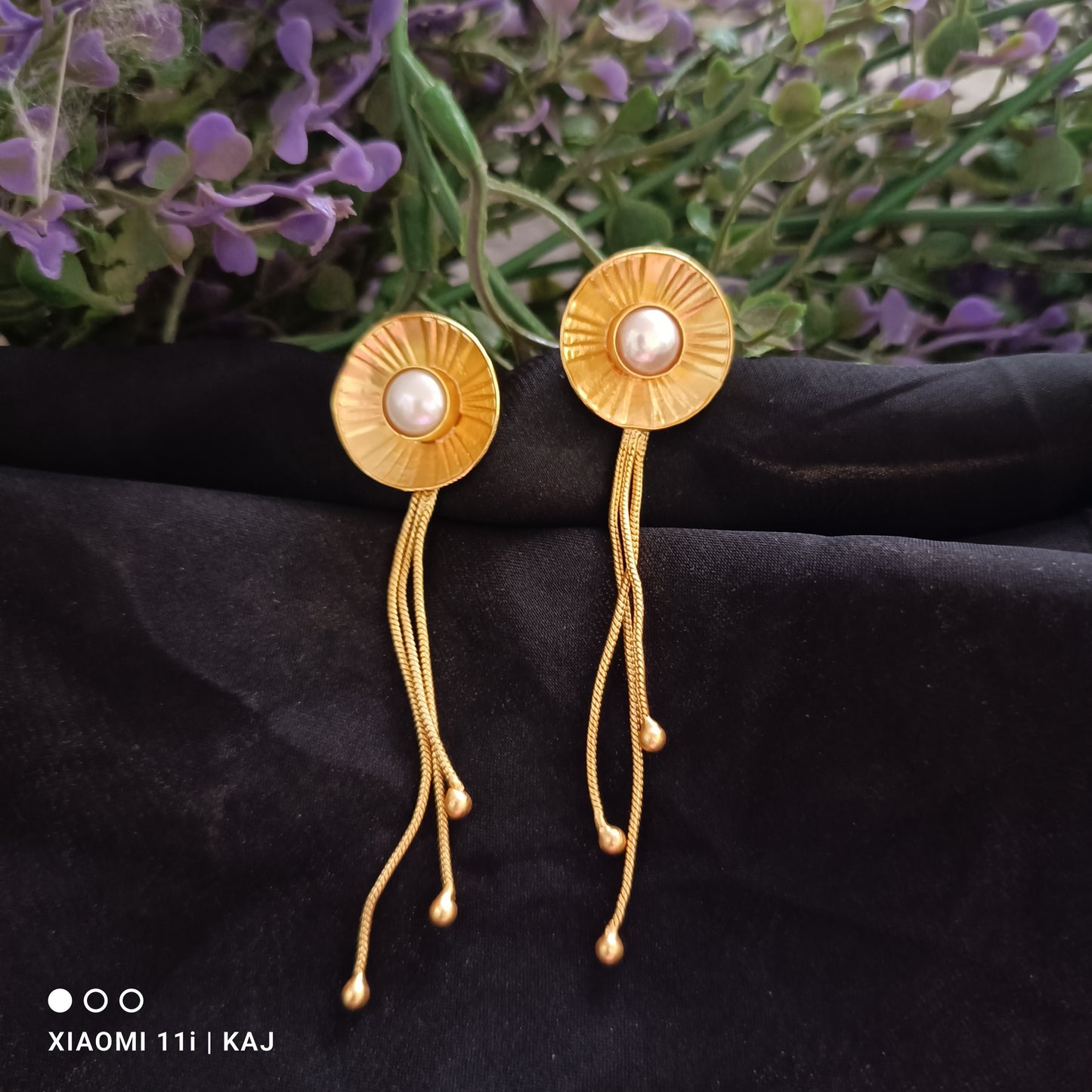 Golden Cascade Pearl Earrings with real pearl