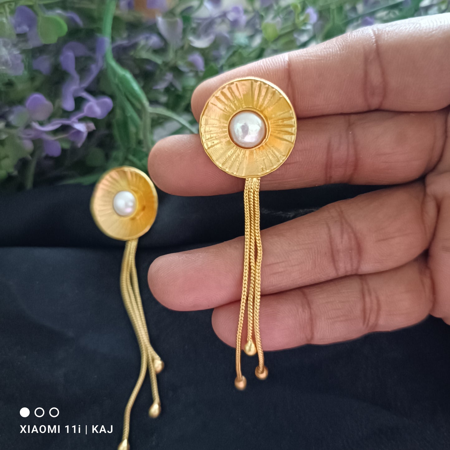 Golden Cascade Pearl Earrings with real pearl