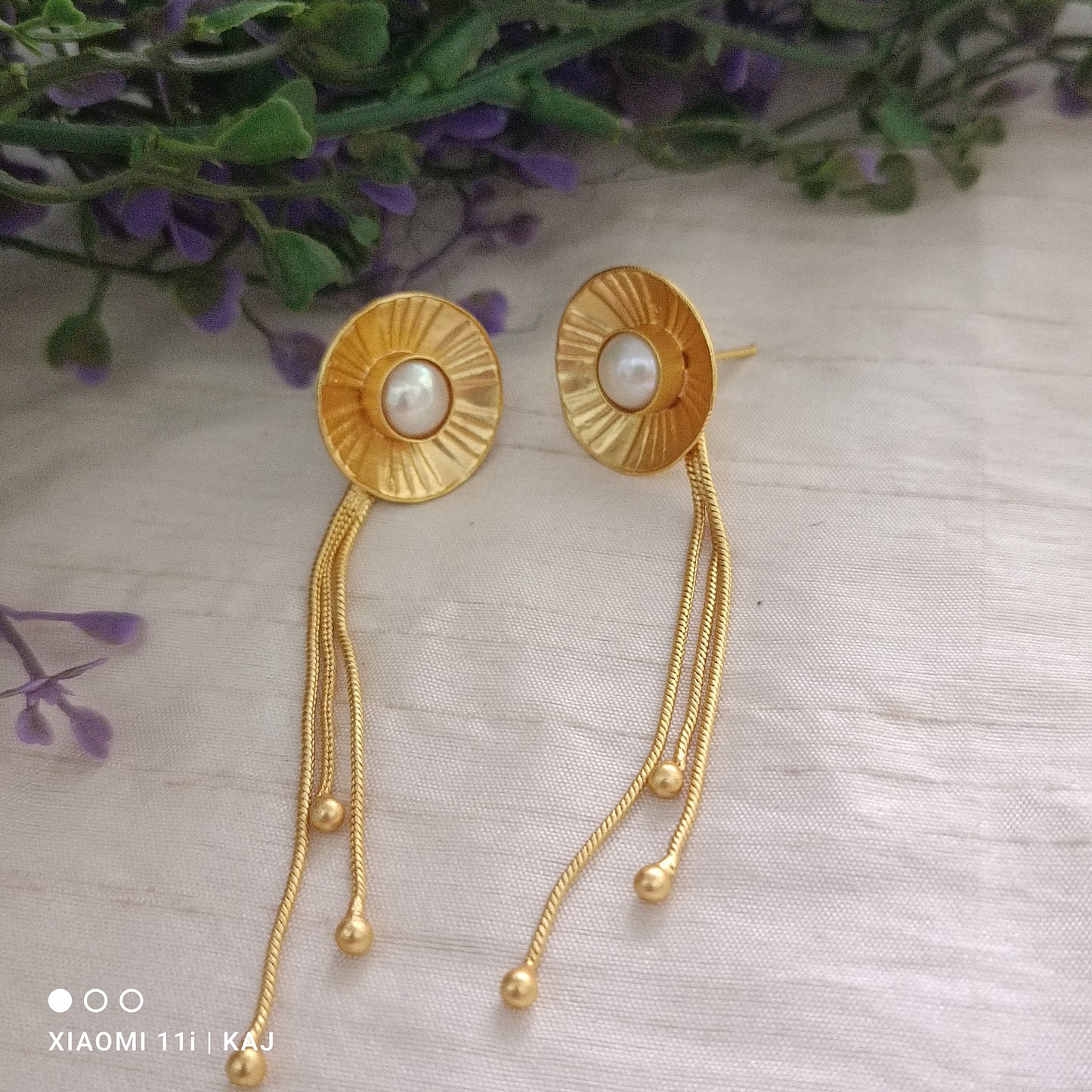 Golden Cascade Pearl Earrings with real pearl