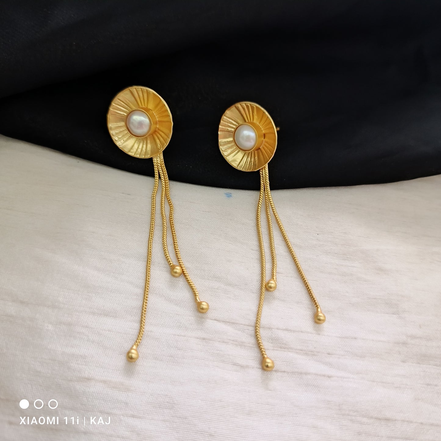 Golden Cascade Pearl Earrings with real pearl