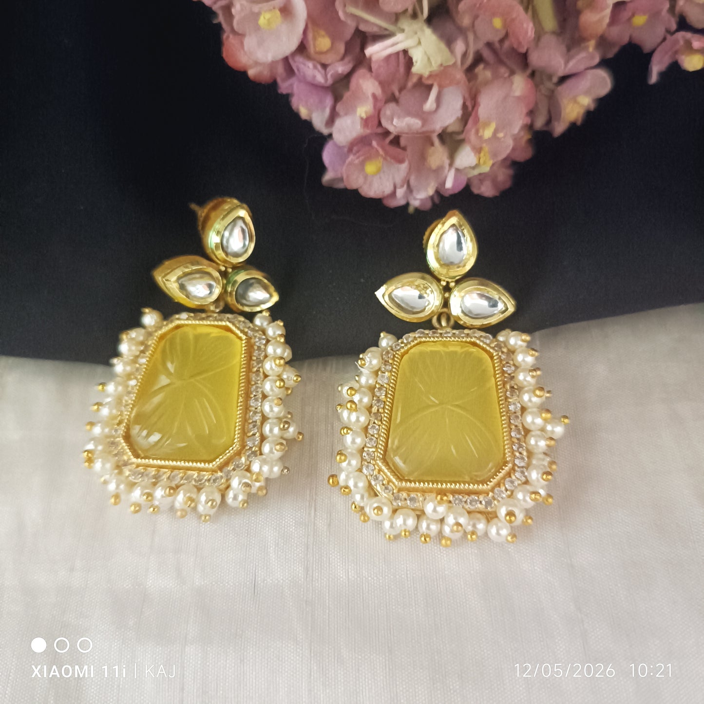 Monalisa glass stone earrings with cluster of Pearl's