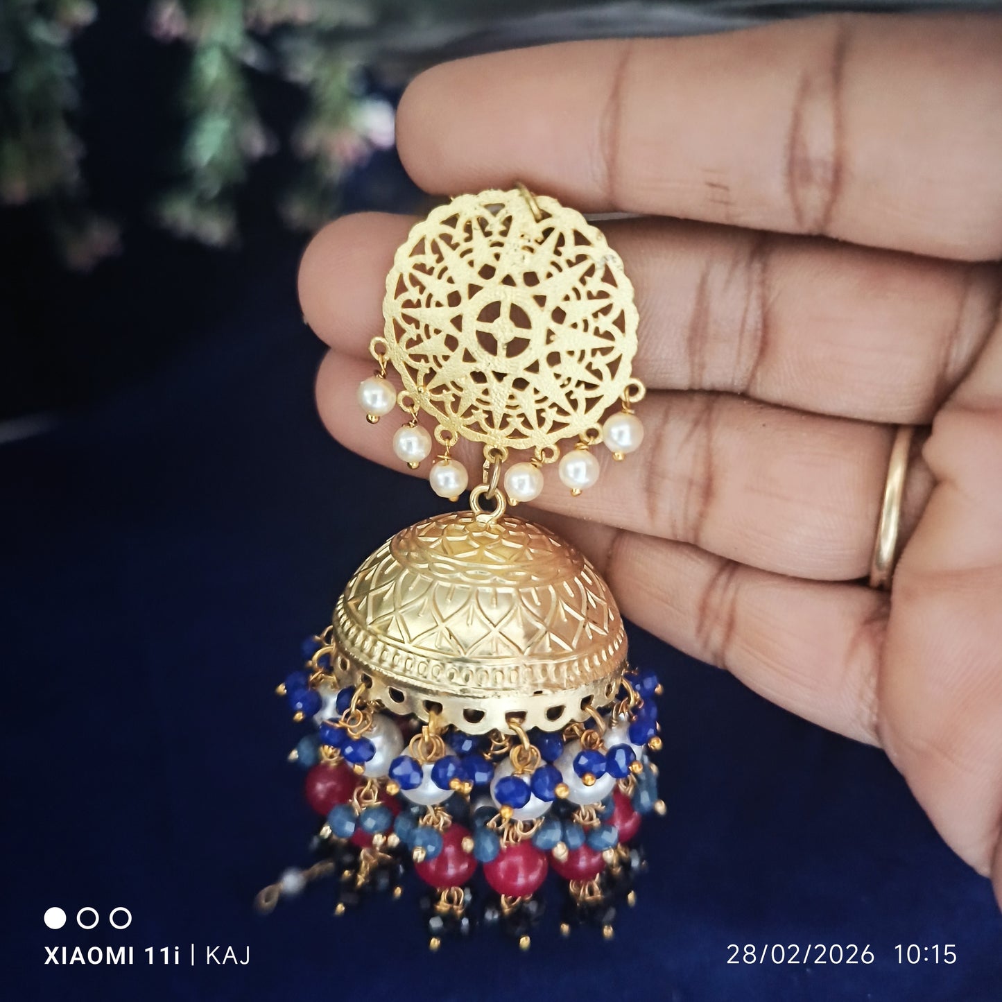 Brass base aati work jhumki earrings