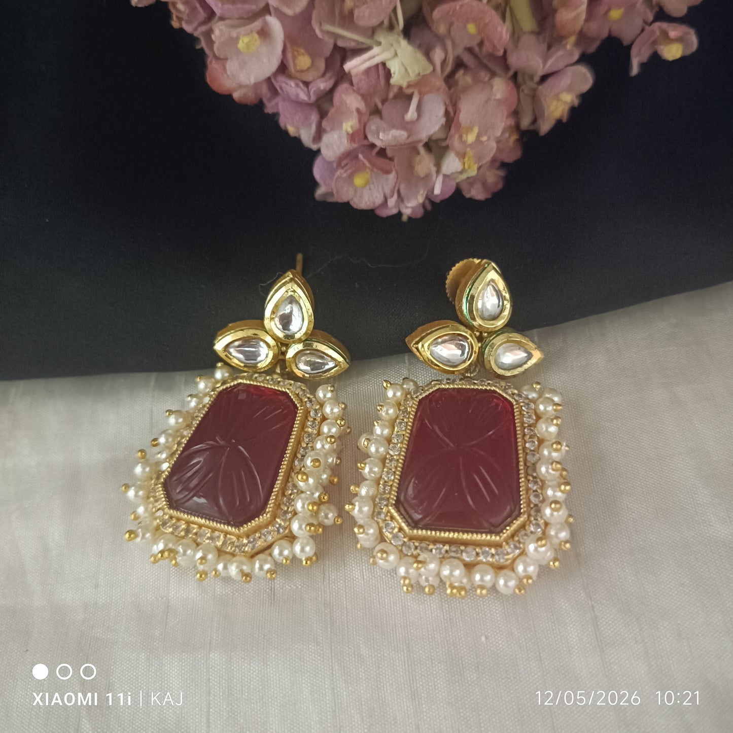 Monalisa glass stone earrings with cluster of Pearl's