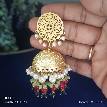 Brass base aati work jhumki earrings