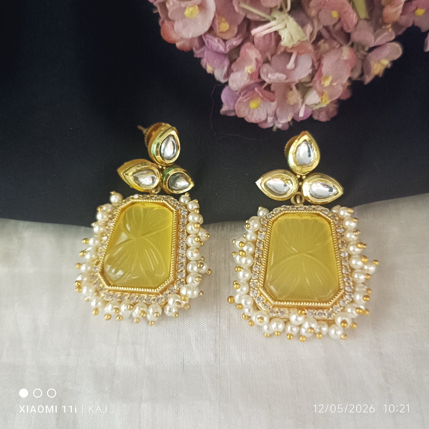 Monalisa glass stone earrings with cluster of Pearl's