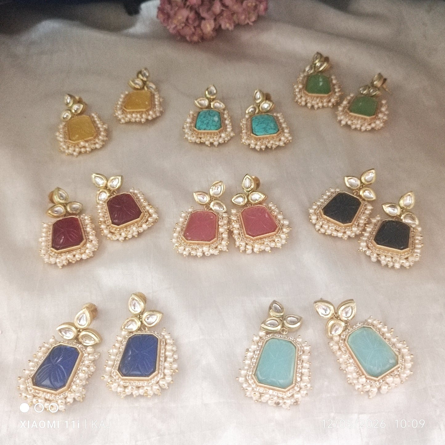 Monalisa glass stone earrings with cluster of Pearl's