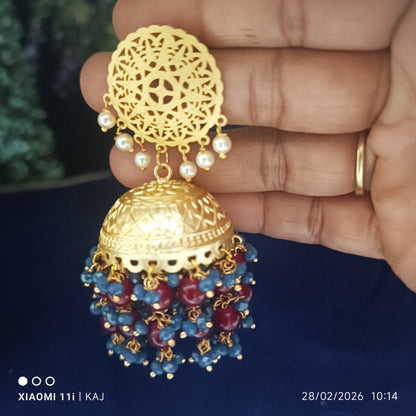 Brass base aati work jhumki earrings