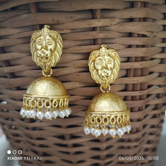 Brass base lion top jhumki earrings