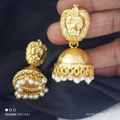 Brass base lion top jhumki earrings