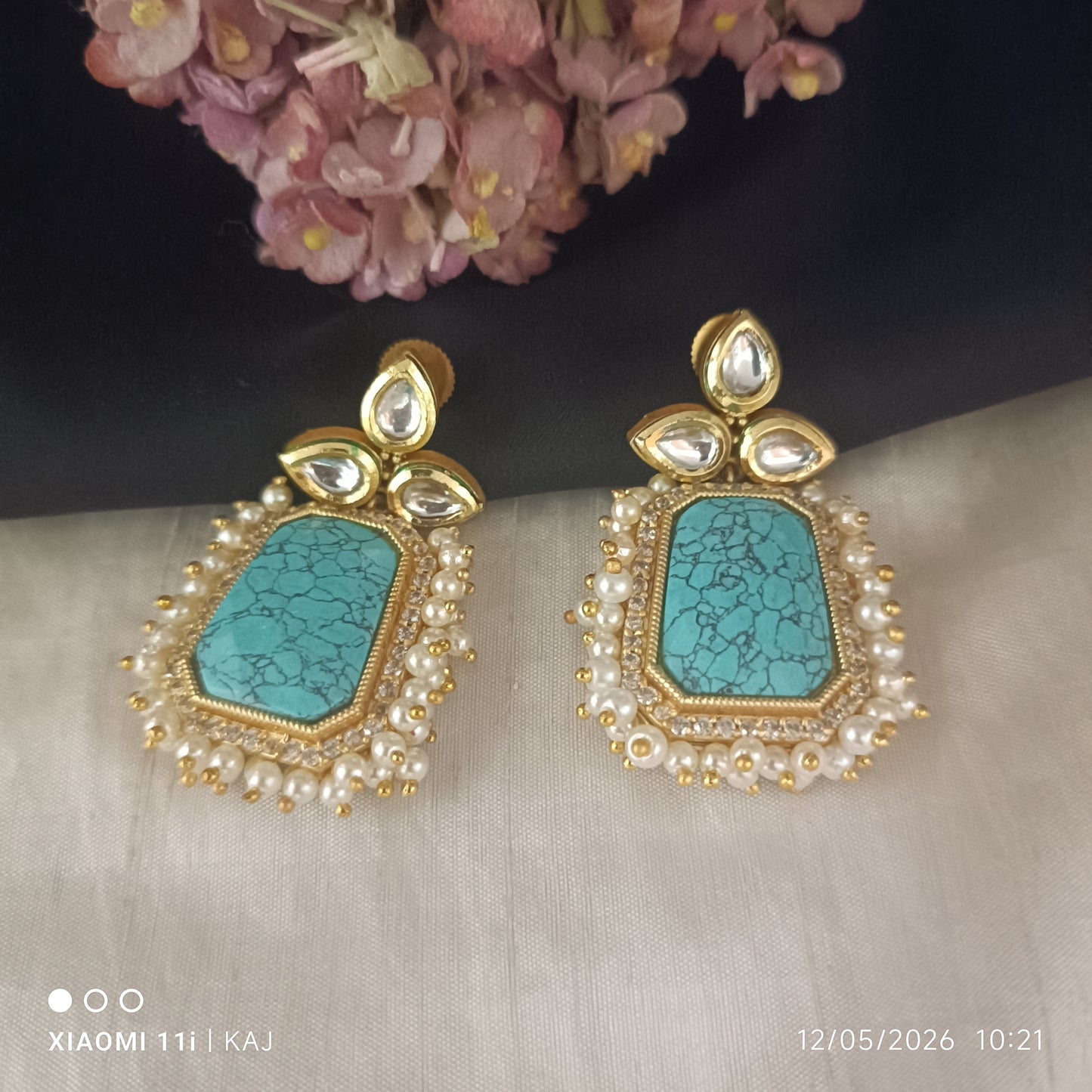 Monalisa glass stone earrings with cluster of Pearl's